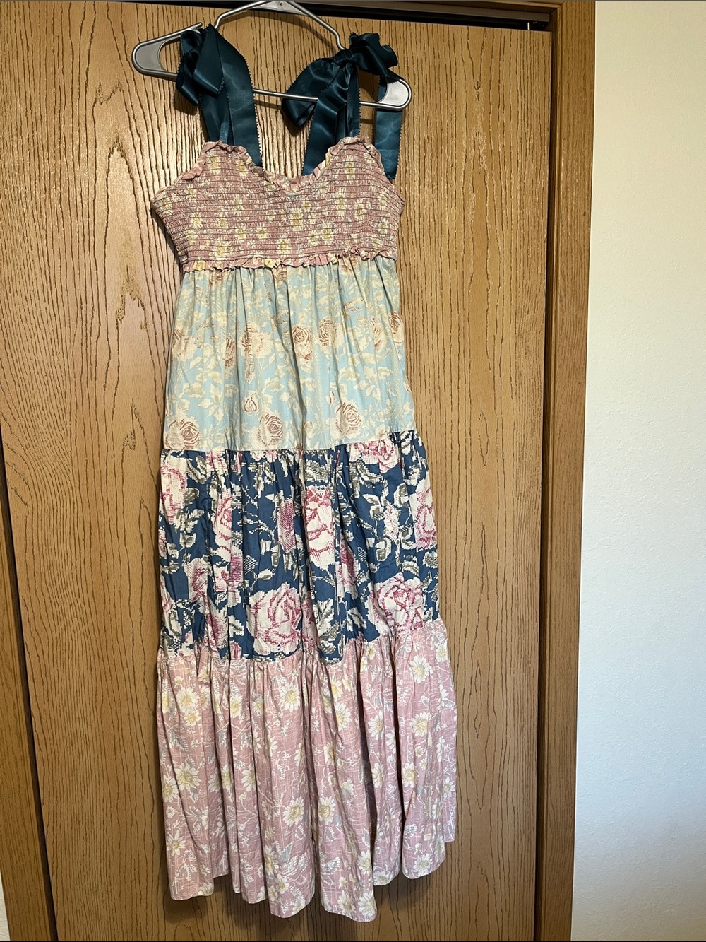 Free People Floral Tiered Maxi Dress with Navy Ribbon Straps